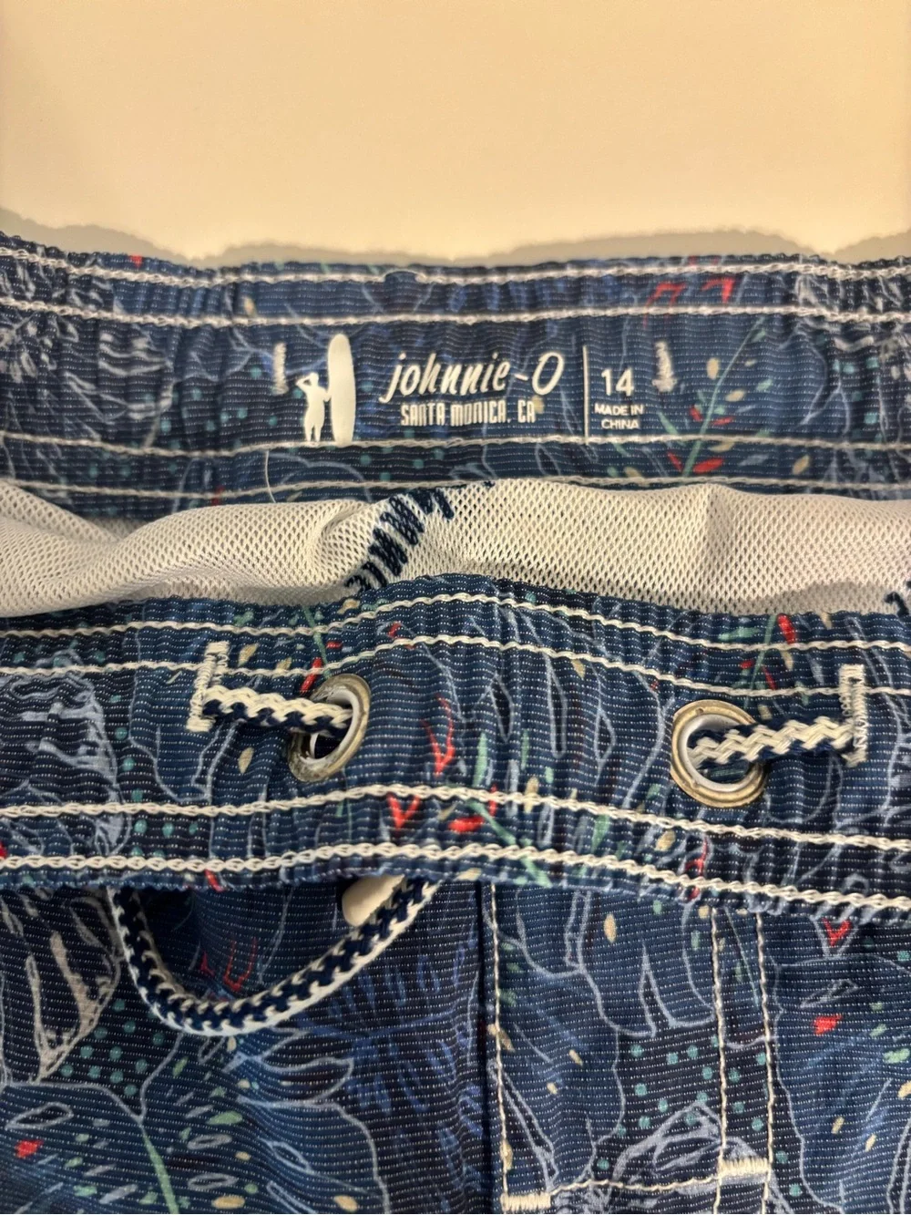 johnnie-O Boys Size 14 Swim Trunks Blue Tropical Print Board Shorts